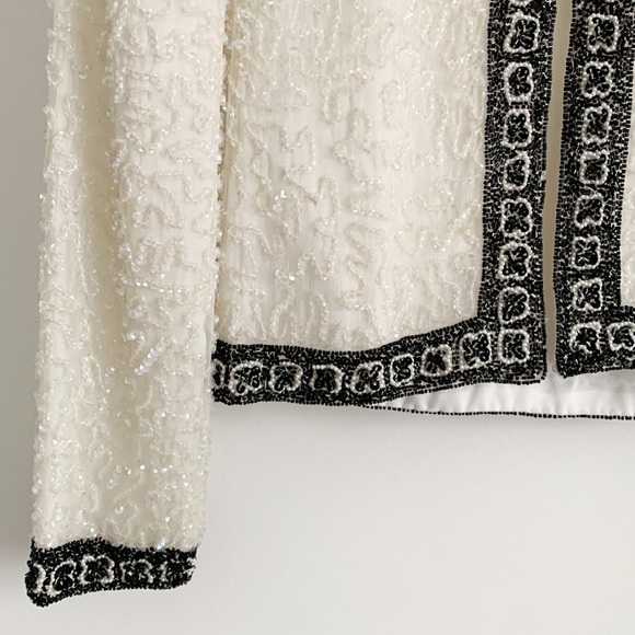 Vintage Ivory Black Sequined Beaded Embroidered Silk Dress Blazer Jacker Small - Picture 8 of 11